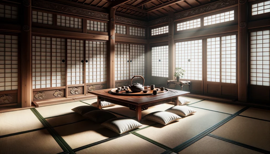 AI-generated image of Japanese-style room with a low table and tea kettle