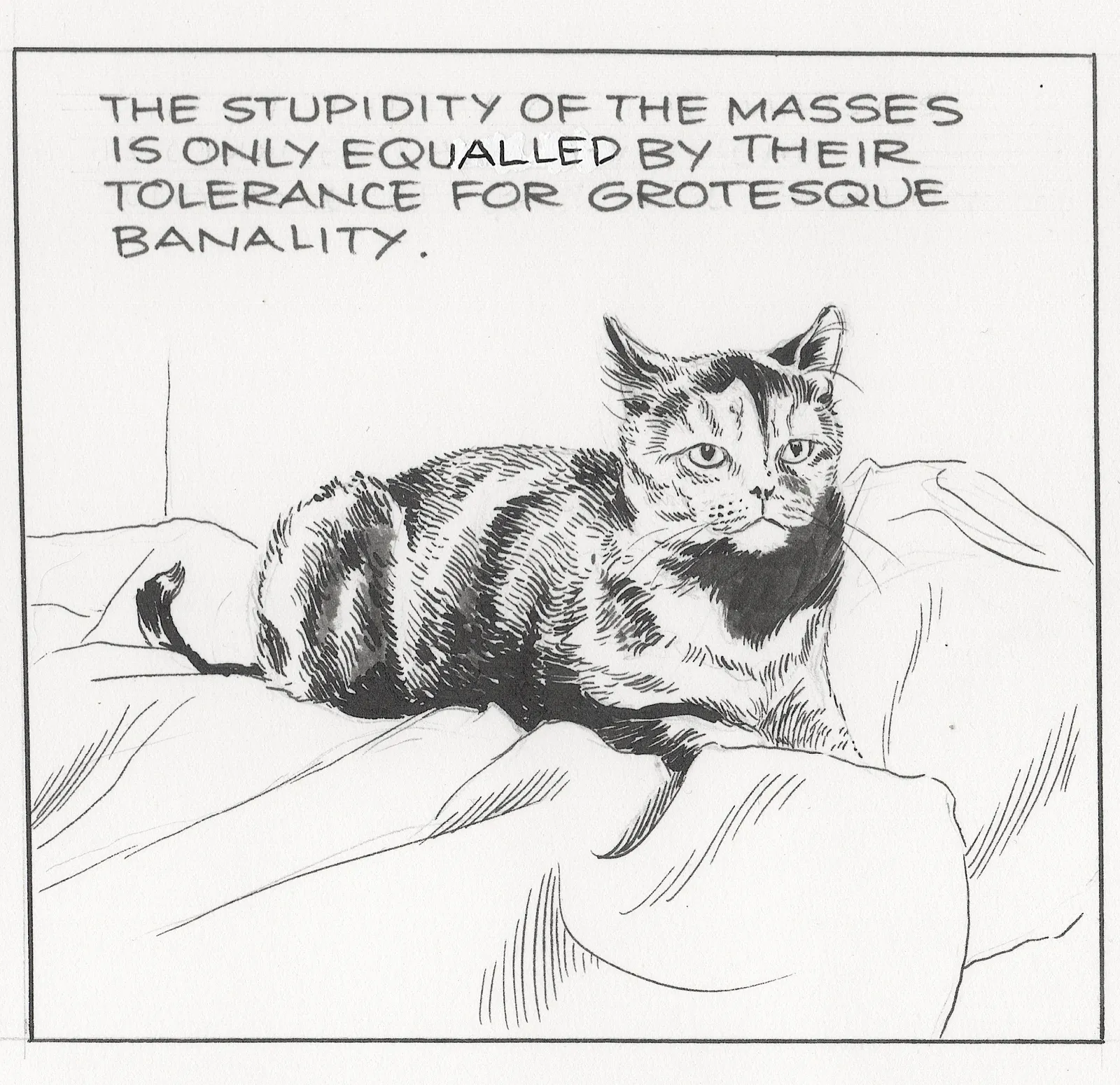 Cat cartoon with words: "The stupidity of the masses is only equalled by their tolerance for grotesque banality"