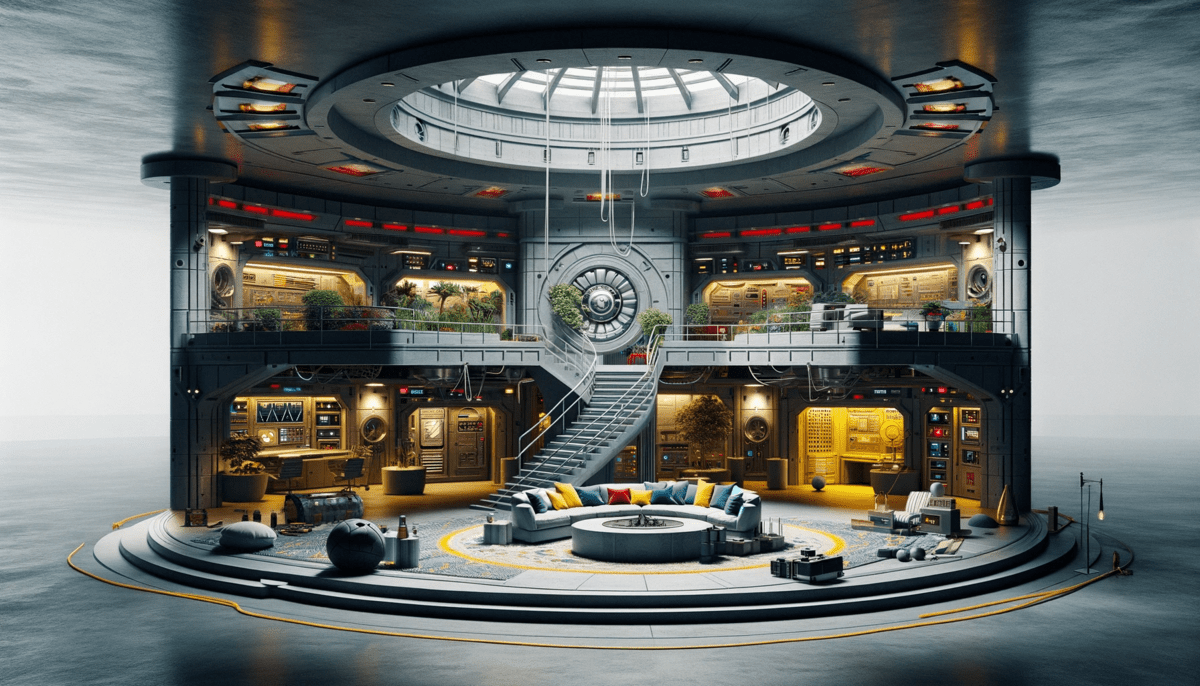 A multi-level, circular billionaire's retreat that resembles a stage set, with a central living space featuring a couch with yellow and blue pillows. Surrounding the living area are various high-tech stations and secure vaults, along with a self-contained ecosystem on the upper level. The space is adorned in light and dark grays, with red and blue accents, suggesting a luxurious yet fortified sanctuary.