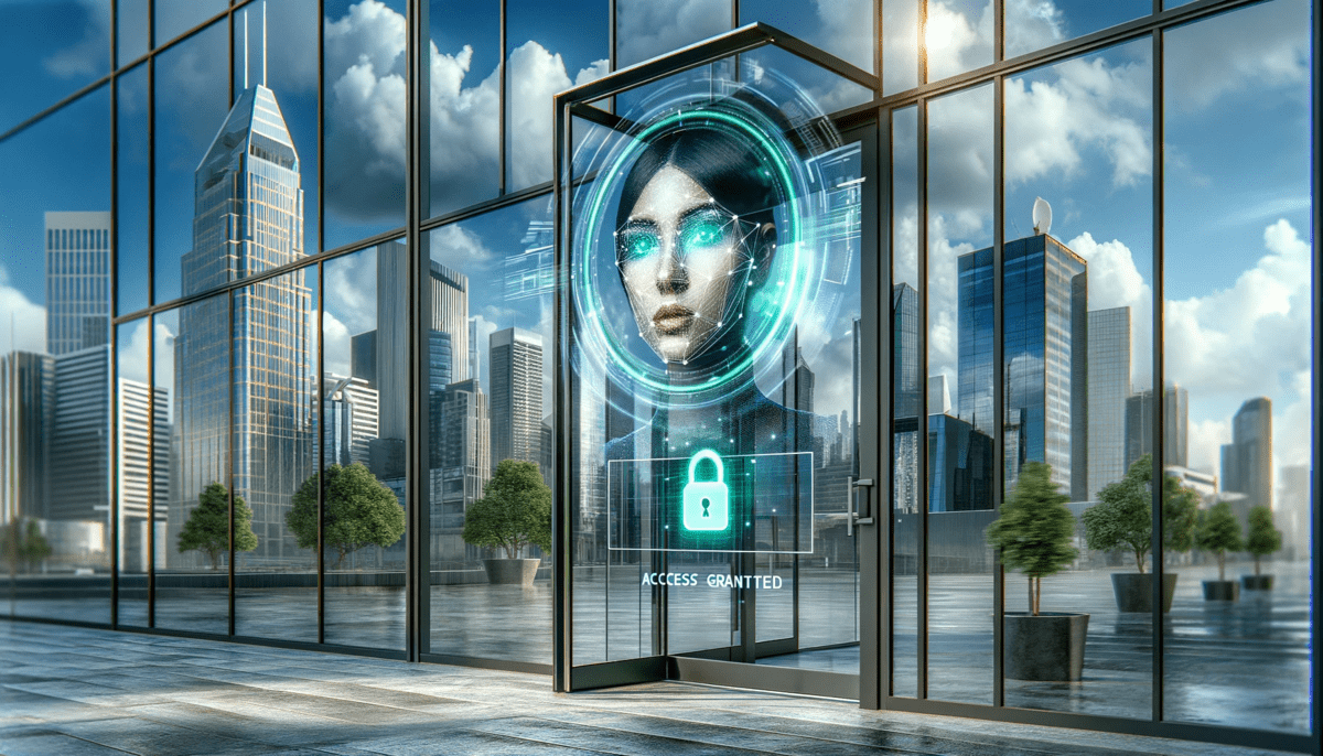 The image depicts a futuristic glass door on the front of a modern corporate building, reflecting a cityscape with skyscrapers under a sky with clouds. The glass features a holographic facial recognition system with a green circle and lock icon surrounding the reflection of a woman's face with short hair and glasses, indicating access has been granted.
