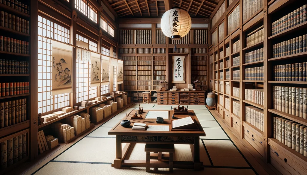 AI-generated image of Japanese-style room with books and a table