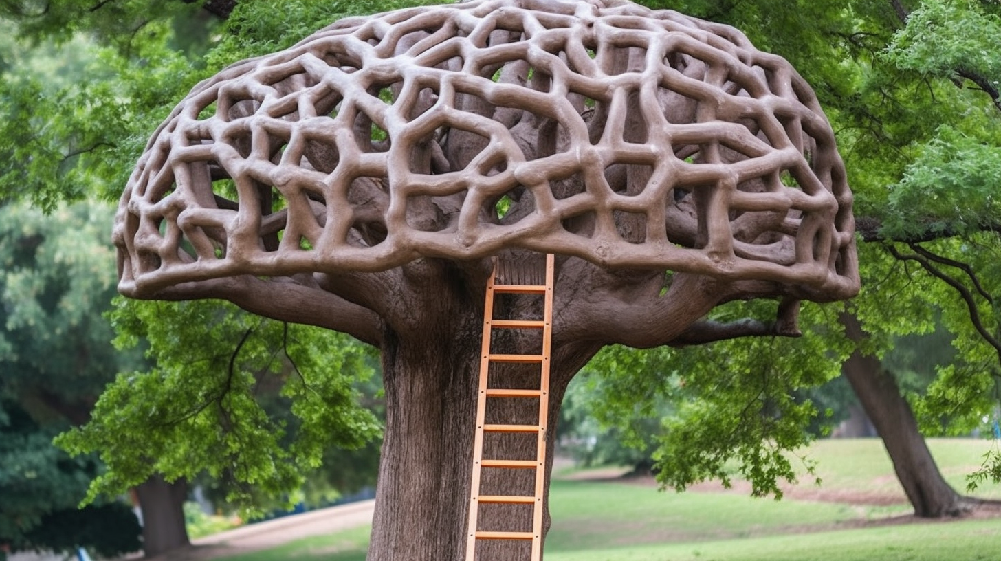 AI image. Midjourney prompt: "tree in shape of brain | ladder resting against trunk of tree --aspect 16:9 --v 5 --no text words letters signatures"