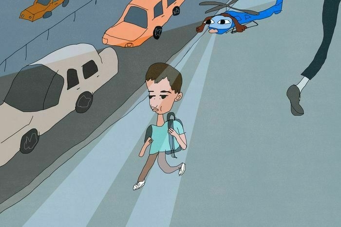Illustration of kid being followed by helicopter with a face