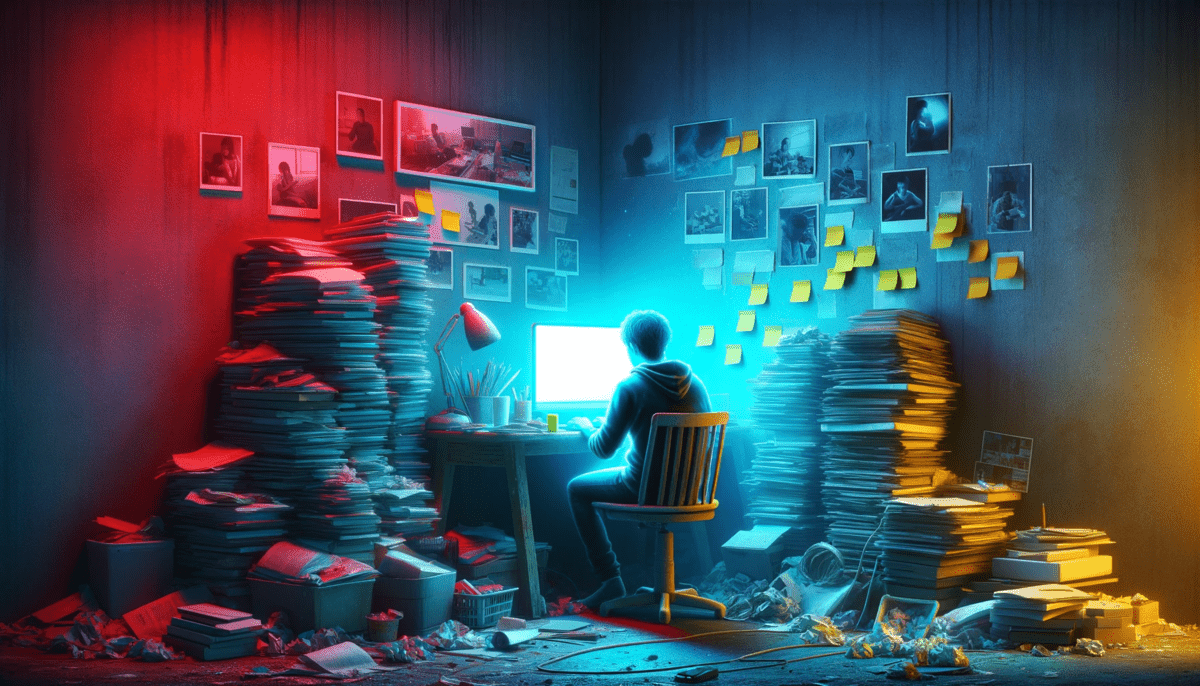  This image depicts a person in a dimly lit room, surrounded by stacks of books and papers, focusing on a bright computer screen. The room fades from bright red near the screen to dark gray in the corners, with yellow sticky notes scattered around. The light gray walls are adorned with fading pictures, representing the neglected interests due to 'AI drift'.