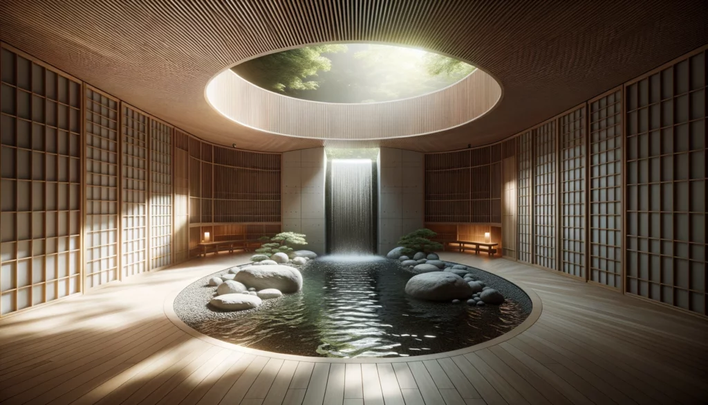 AI-generated image of Japanese-style room with circular ceiling window and water feature