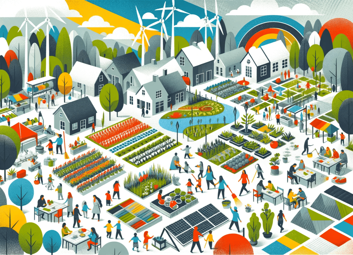 The image created depicts a peaceful, sustainable community thriving in harmony with nature, focusing on the concept of degrowth. The scene includes community gardens, renewable energy sources like wind turbines and solar panels, and people of diverse backgrounds engaging in educational and artistic activities. The color palette of light gray, dark gray, bright red, yellow, and blue symbolizes a vibrant, sustainable way of living that emphasizes environmental harmony and a shift away from industrial excess.