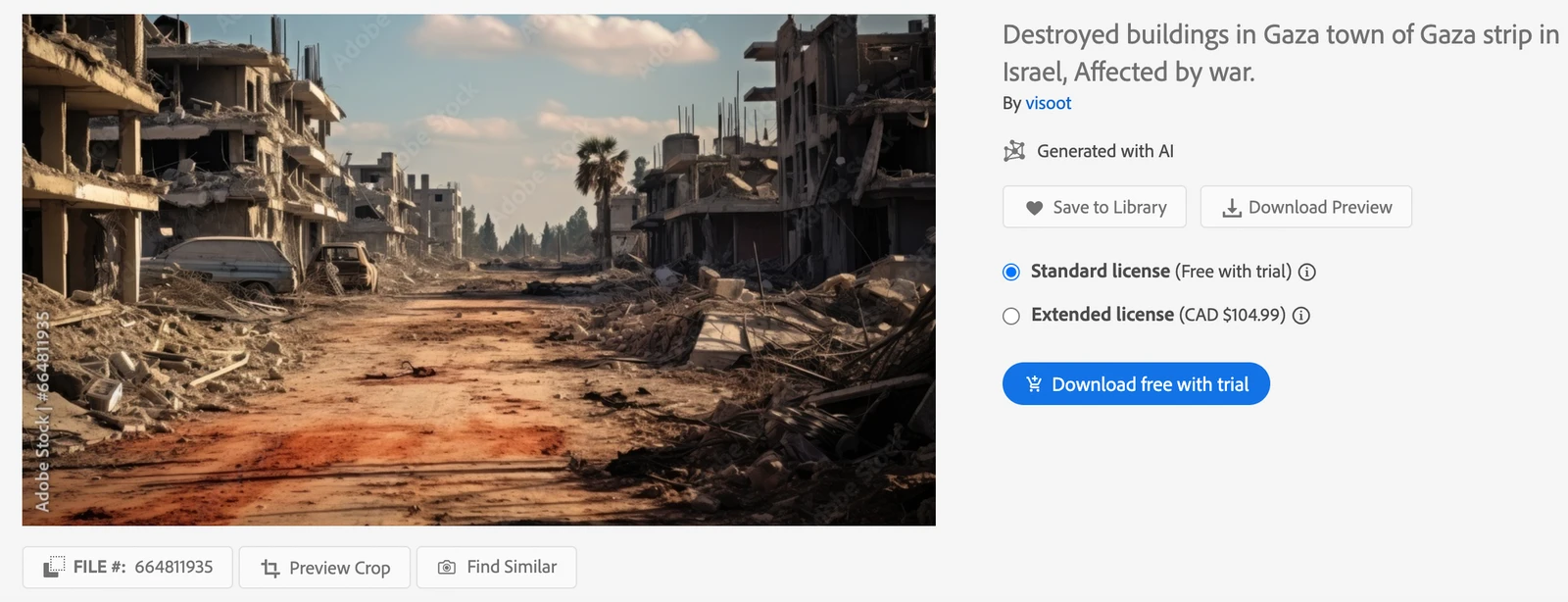 Screenshot of Adobe stock images site with AI-generated image titled "Destroyed buildings in Gaza town of Gaza strip in Israel, Affected by war."