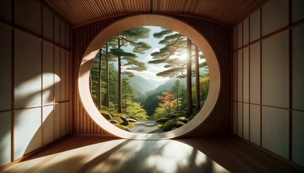 AI-generated image of Japanese-style room with circular window looking out to hills, trees, and a nature scene.