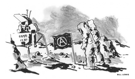 Astronaut on the moon with an Anarchist flag planted